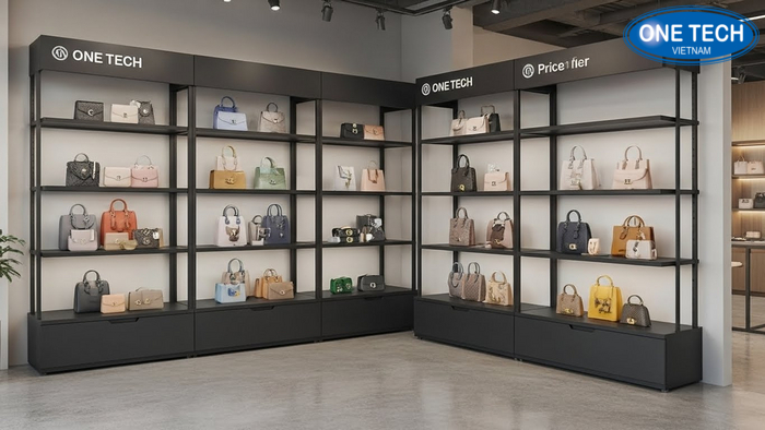 Gợi ý layout kệ trưng bày túi xách Ba layout trưng bày túi xách theo màu theo bộ sưu tập và theo mức giá