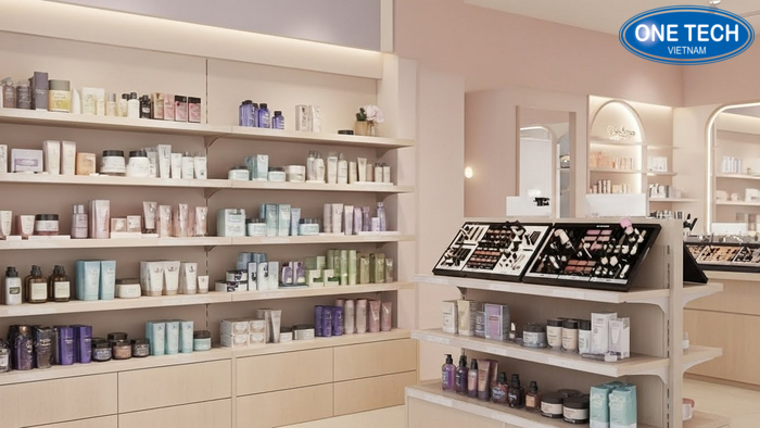 Kệ treo tường và kệ giữa nhà trưng bày mỹ phẩm Tổng hợp kệ treo tường và kệ giữa nhà cho shop mỹ phẩm