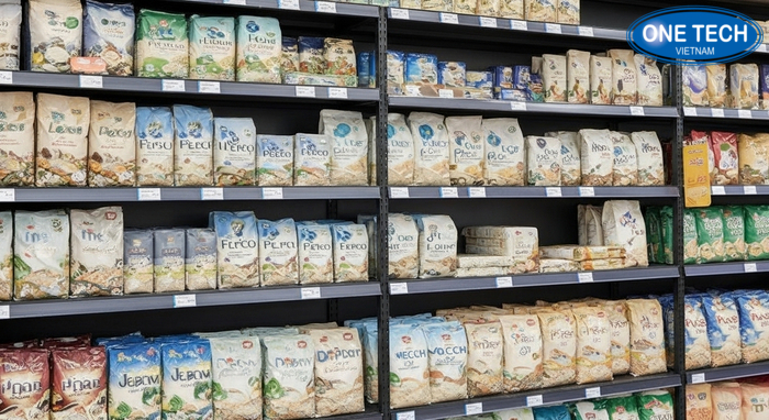 Phụ kiện kệ trưng bày gạo giúp đồng bộ và dễ bán Bảng màu và phụ kiện kệ gồm biển tên, tem giá, gờ chắn và bánh xe