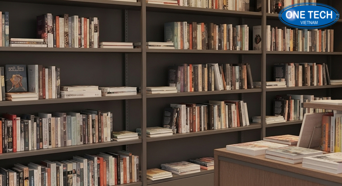Minh họa vệ sinh và bảo dưỡng kệ sách báo đúng cách theo vật liệu