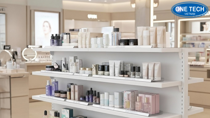 Sắp xếp mỹ phẩm trên kệ trưng bày hiệu quả Minh họa sắp xếp mỹ phẩm khoa học trên kệ