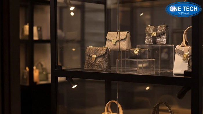 Túi xách trong tủ kính nổi bật nhờ ánh sáng Cận cảnh túi xách trong tủ kính với ánh sáng giúp nổi chất liệu