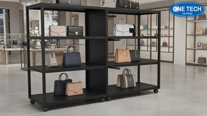 Kệ trưng bày túi xách linh hoạt chỉnh tầng và di động Chi tiết kệ có cơ cấu chỉnh tầng và bánh xe giúp linh hoạt thay đổi layout