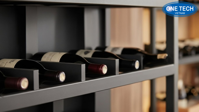 Chi tiết chống lăn chai trên kệ trưng bày rượu Chi tiết ô chia và gờ chặn chống lăn chai trên kệ trưng bày rượu