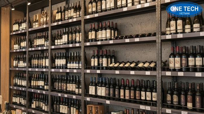 Kệ áp tường trưng bày rượu full mảng Dãy kệ áp tường phủ mảng trưng bày rượu tạo cảm giác đầy hàng