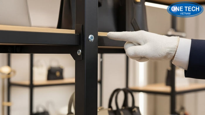 Điểm cần kiểm tra định kỳ trên kệ trưng bày túi xách Minh họa các điểm cần kiểm tra như ốc vít tay đỡ để kệ trưng bày túi xách luôn chắc chắn