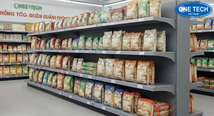 Lắp đặt kệ trưng bày gạo OneTech tại Bắc Ninh Ảnh dự án lắp đặt dãy kệ trưng bày gạo tại Bắc Ninh, có gờ chắn và tầng chịu tải