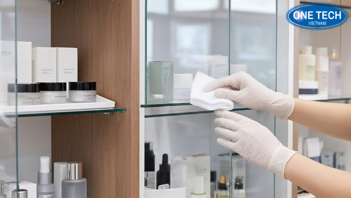 Vệ sinh kệ trưng bày mỹ phẩm theo chất liệu Dụng cụ vệ sinh kệ kính, kệ gỗ và kệ kim loại đúng cách