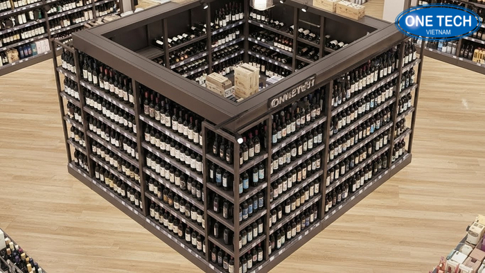 Bố trí lối đi quanh kệ đảo rượu Góc chụp từ trên xuống thể hiện lối đi an toàn quanh kệ đảo trưng bày rượu