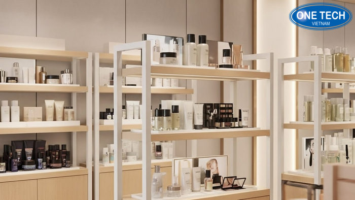 Lợi thế giá và dịch vụ OneTech Infographic lợi ích khi mua kệ trưng bày mỹ phẩm tại OneTech