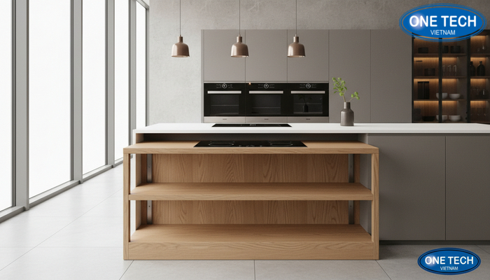 Kệ trưng bày bếp từ gỗ công nghiệp Kệ bếp từ dùng gỗ công nghiệp phối nội thất