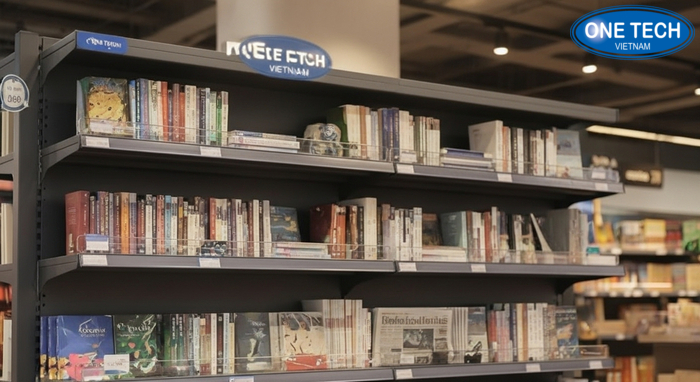 Kệ có thanh ray gắn bảng giá, dễ phân khu chủ đề sách báo