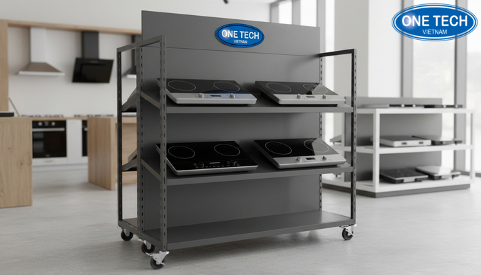 Kệ di động trưng bày bếp từ Kệ di động bếp từ có bánh xe khóa, dễ thay đổi layout