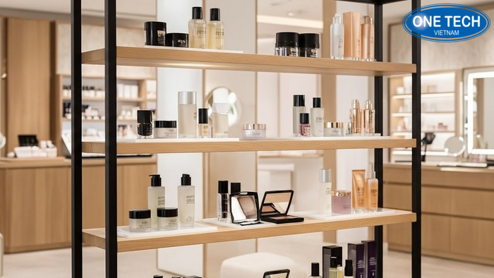 Kệ gỗ khung sắt trưng bày mỹ phẩm sang trọng Kệ gỗ khung sắt trưng bày mỹ phẩm phong cách showroom
