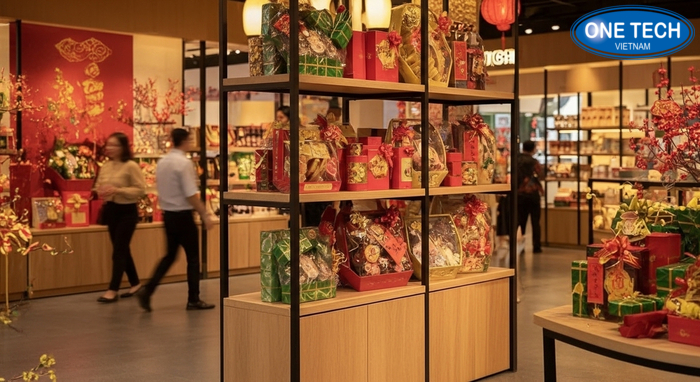 Kệ gỗ khung sắt trưng bày quà biếu Tết sang trọng