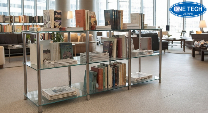 Kệ inox kính trưng bày sách báo hiện đại, phong cách tối giản