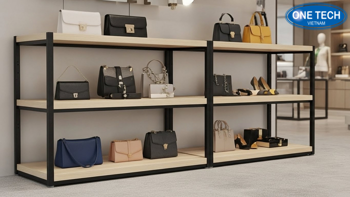 Kệ kết hợp sắt và gỗ trưng bày túi xách Kệ khung sắt mâm gỗ trưng bày túi theo tầng và phối phụ kiện thời trang