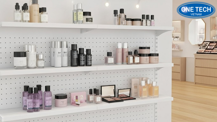Kệ sắt lưng tôn đục lỗ cho shop mỹ phẩm Kệ sắt lưng tôn đục lỗ trưng bày mỹ phẩm