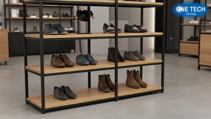 Kệ khung sắt mặt gỗ thiết kế hiện đại Kệ khung sắt mặt gỗ trưng bày giày da sang trọng