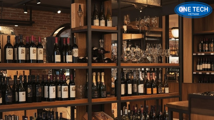 Kệ sắt phối gỗ trưng bày rượu Kệ sắt phối gỗ giúp khu trưng bày rượu hiện đại và dễ bán hàng