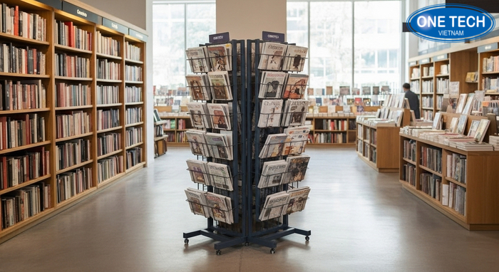 Kệ trưng bày tạp chí 2 mặt đặt giữa nhà sách, tối ưu lối đi