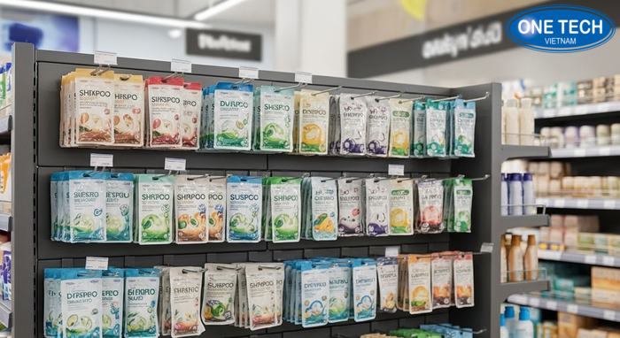 Mẫu kệ treo dầu gội dây trưng bày gói dầu gội dây tiện lợi và gọn gàng