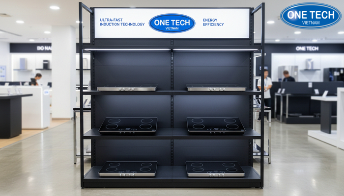 Kệ trưng bày bếp từ có đèn LED Kệ bếp từ tích hợp đèn LED và banner tăng nhận diện