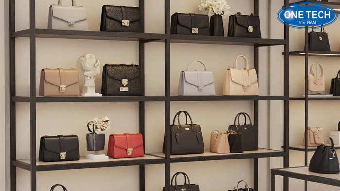Kệ trưng bày túi xách có đèn LED Kệ trưng bày túi xách tích hợp đèn LED tạo điểm nhấn cho khu hàng mới
