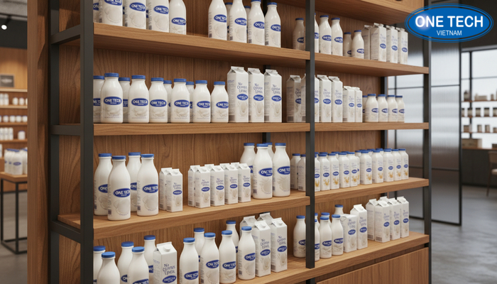 Kệ gỗ công nghiệp trưng bày sữa Mẫu kệ gỗ công nghiệp trưng bày sữa cho showroom, phối màu ấm và sang