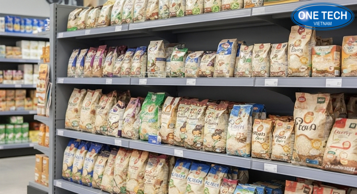 Cách xếp bao gạo đẹp và dễ chọn trên kệ Minh họa cách xếp bao gạo đứng, xiên và xếp lớp để lộ thương hiệu và tem giá