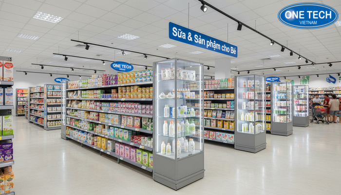 Thiết kế kệ trưng bày sữa và khu mẹ bé Phối cảnh kệ trưng bày sữa kết hợp khu bỉm tã, tủ kính và bảng tên nhóm sản phẩm