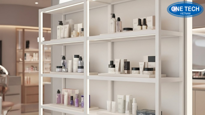 Tối ưu ánh sáng cho kệ trưng bày mỹ phẩm Cửa hàng mỹ phẩm tối ưu ánh sáng LED làm nổi bật kệ và sản phẩm