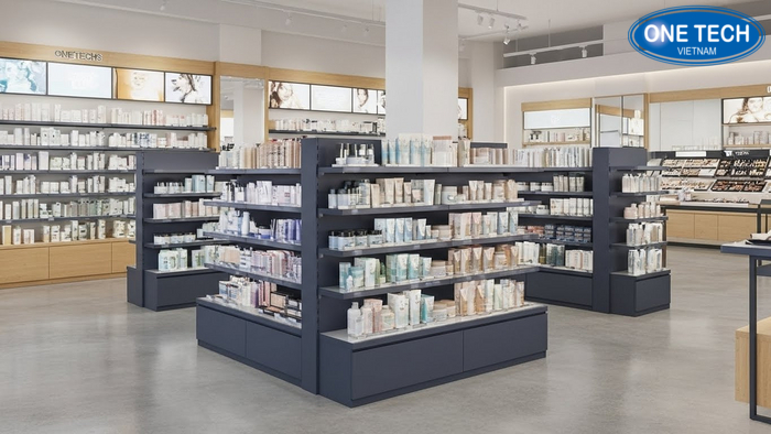 Bố cục kệ trưng bày mỹ phẩm tối ưu lối đi Minh họa bố cục kệ và lối đi tiêu chuẩn trong shop mỹ phẩm