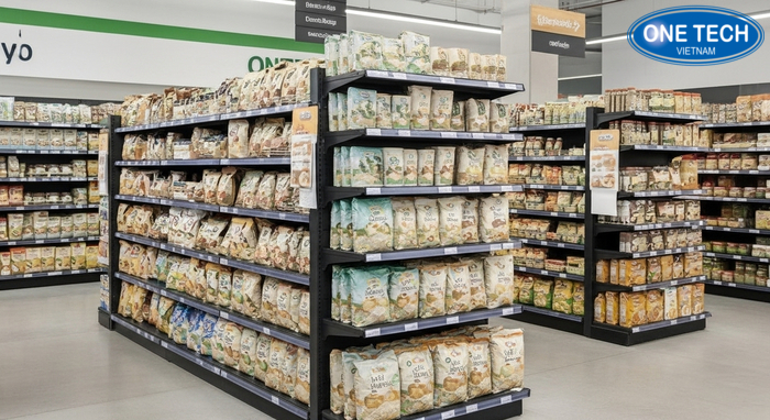 Gợi ý layout bố trí kệ trưng bày gạo dễ bán Sơ đồ layout đơn giản đặt kệ gạo gần lối chính và kệ gia vị kế bên để gợi ý mua kèm