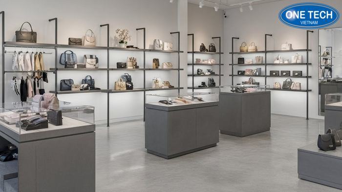 Layout shop nhỏ với kệ trưng bày túi xách tối ưu lối đi Sơ đồ layout shop túi xách nhỏ với kệ áp tường kệ giữa nhà và khu phụ kiện