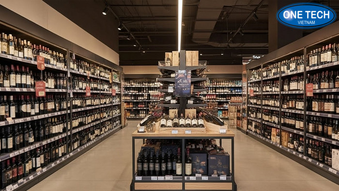 Layout giá kệ rượu siêu thị Sơ đồ layout siêu thị với dãy kệ rượu và đảo trưng bày sản phẩm mới