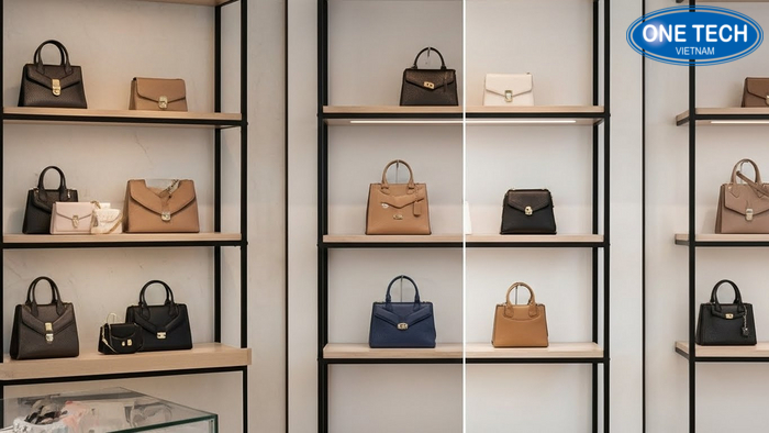 So sánh hiệu ứng ánh sáng thường và LED khi trưng bày túi So sánh cùng một mẫu túi xách dưới ánh sáng thường và dưới LED để thấy độ nổi màu