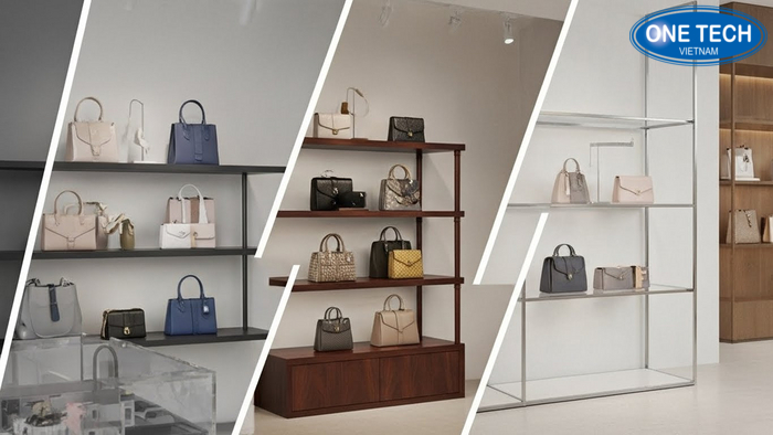 So sánh chất liệu kệ trưng bày túi xách Bảng so sánh kệ sắt gỗ kính và kệ kết hợp theo phong cách cửa hàng túi xách
