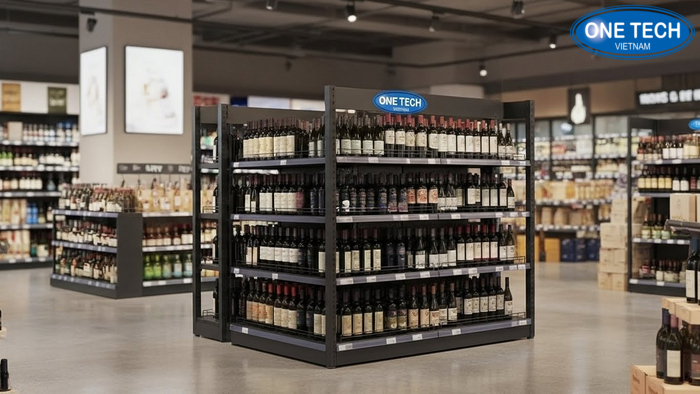 Thi công kệ đảo trưng bày rượu Hình ảnh lắp đặt kệ đảo trung tâm trưng bày rượu cho khu bán hàng