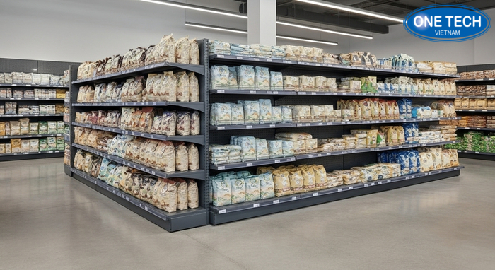 Bố trí kệ sắt để bao gạo trong cửa hàng thực tế Ảnh thực tế kệ trưng bày gạo trong cửa hàng, lối đi thoáng và dễ lấy hàng