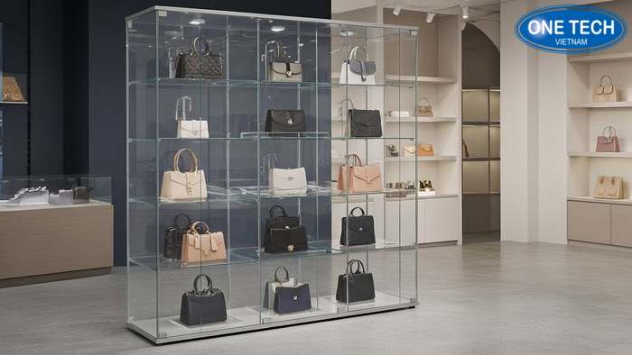 Tủ kính trưng bày túi xách chia ngăn Tủ kính trưng bày túi xách có chia ngăn gọn gàng và dễ xem
