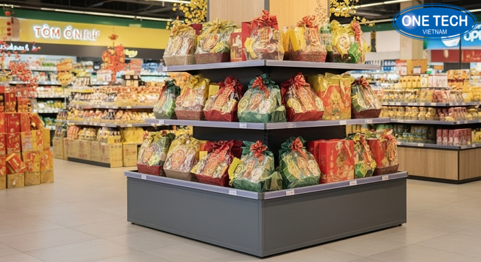 Ụ trưng bày giỏ quà Tết do OneTech cung cấp tại cửa hàng ở Bắc Ninh