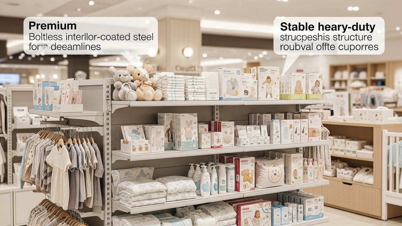 Kệ gỗ khung sắt mang lại vẻ đẹp sang trọng Mẫu kệ gỗ khung sắt trưng bày quần áo và phụ kiện sơ sinh OneTech