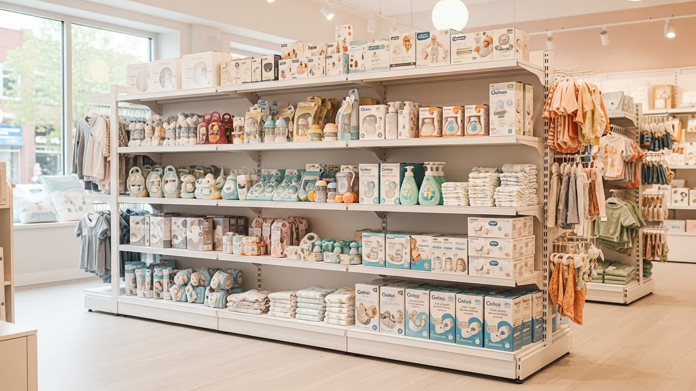 Ụ trưng bày giúp nổi bật sản phẩm khuyến mãi Ụ trưng bày khuyến mãi đặt giữa cửa hàng mẹ và bé