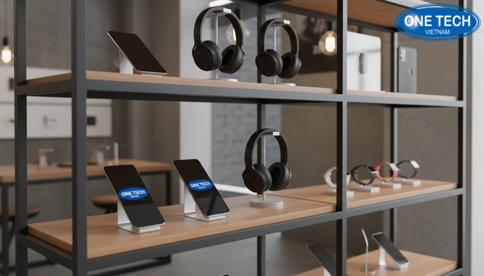 Ảnh kệ gỗ khung sắt trưng bày đồ điện, tạo điểm nhấn thẩm mỹ