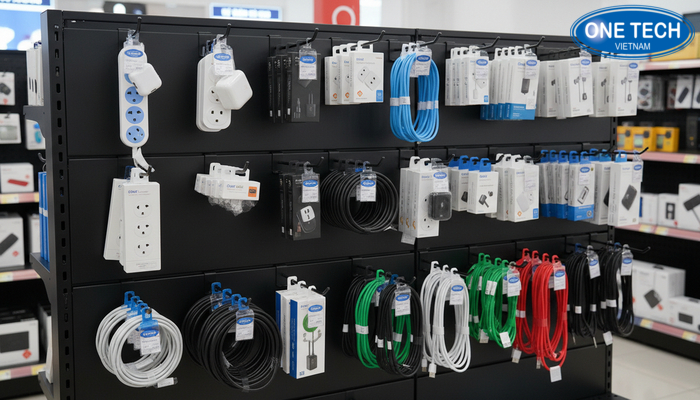 Ảnh kệ móc treo trưng bày phụ kiện điện, ổ cắm, dây điện