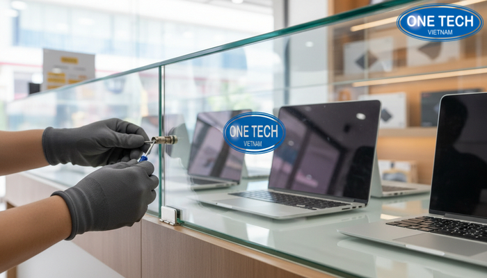 Bảo trì tủ kính trưng bày laptop Bảo trì định kỳ tủ kính trưng bày laptop kiểm tra bản lề khóa và ốc