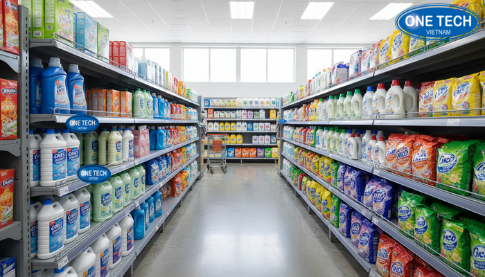 Vị trí đặt kệ trưng bày nước giặt Vị trí đặt kệ trưng bày nước giặt hợp lý, tránh ẩm và giữ lối đi thông thoáng