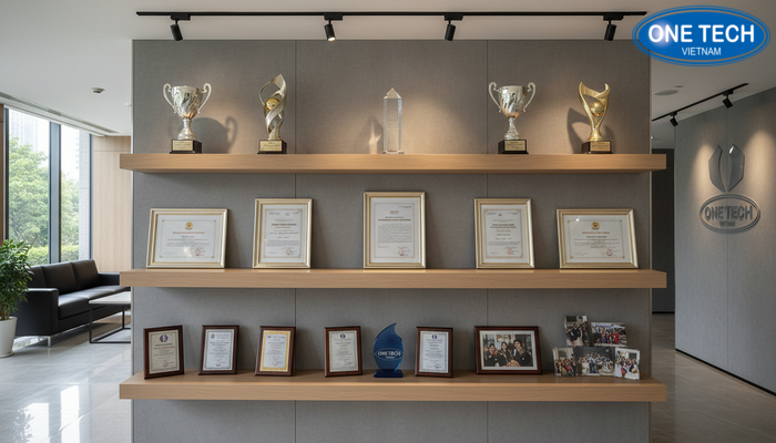 Ví dụ bố trí kệ trưng bày bằng khen trong văn phòng với ánh sáng hài hòa