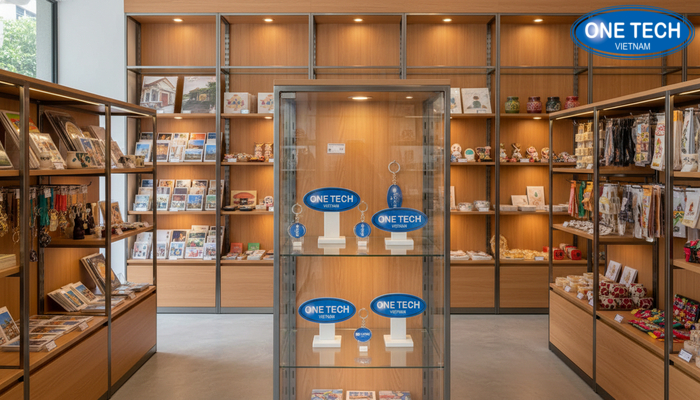 Bố trí kệ trưng bày đồ lưu niệm hiệu quả Ví dụ bố trí kệ trưng bày đồ lưu niệm theo nhóm và theo chủ đề trong cửa hàng